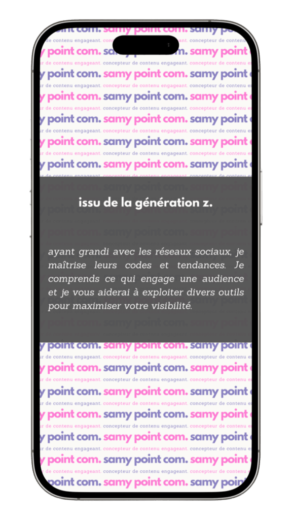 Publicité sur smartphone pour un concepteur de contenu, avec un fond répétitif de "samy point com."