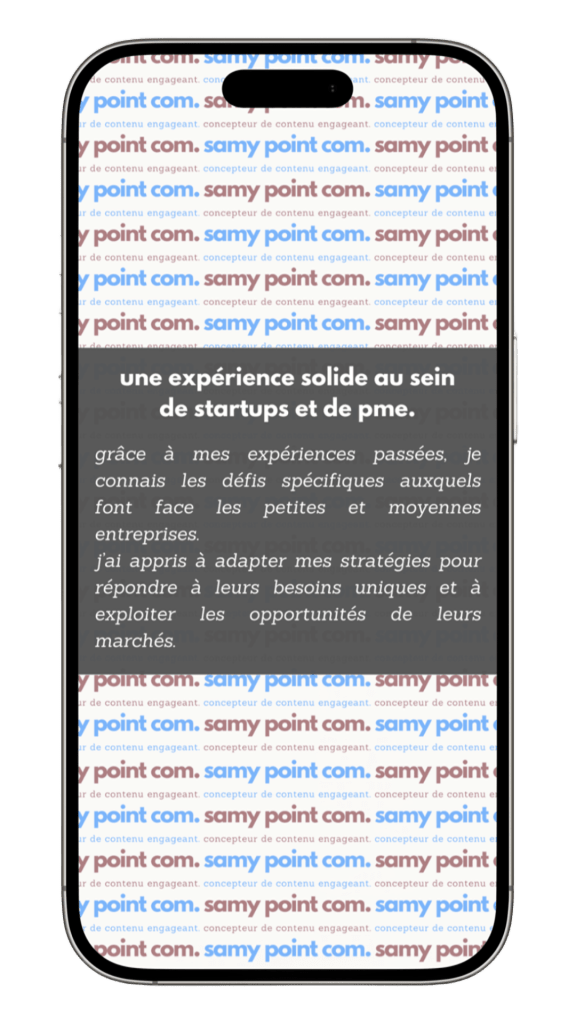 Publicité sur smartphone pour un concepteur de contenu, avec un fond répétitif de "samy point com."